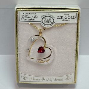 Glass Baron Always In My Heart Red Crystal Ribbon Heart Necklace 18” Gold NEW